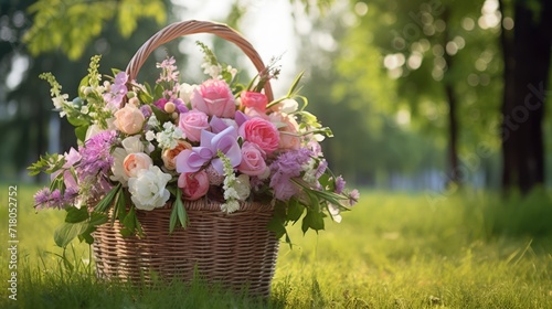 Floral shop concept . Wicker basket with bouquet for wedding