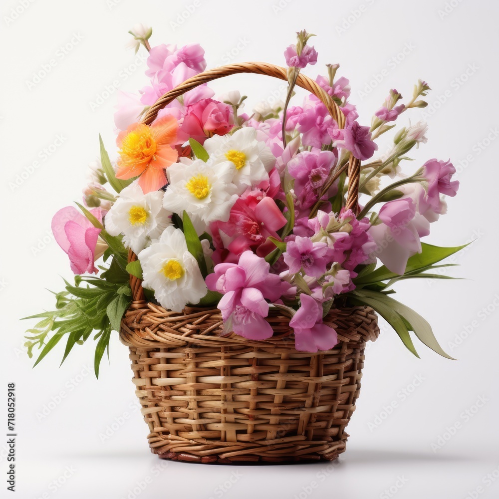 Wicker basket with beautiful spring flowers on white background