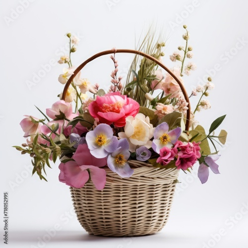 Wicker basket with beautiful spring flowers on white background photo