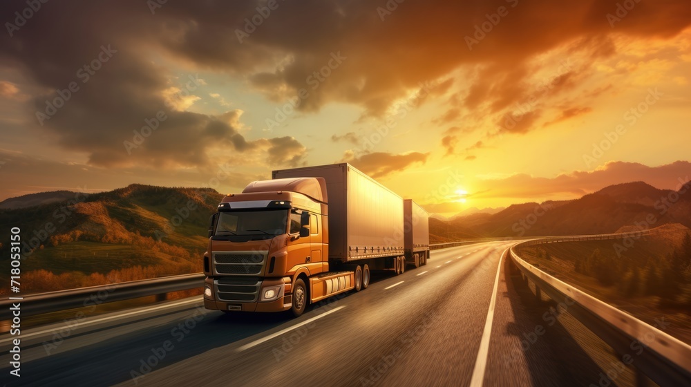 Delivery trucks driving in motion on highway road in country field and sunset landscape