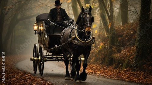 An old coachman on a horse in the middle of the forest. photo
