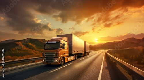 Delivery trucks driving in motion on highway road in country field and sunset landscape