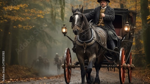 An old coachman on a horse in the middle of the forest. © brillianata