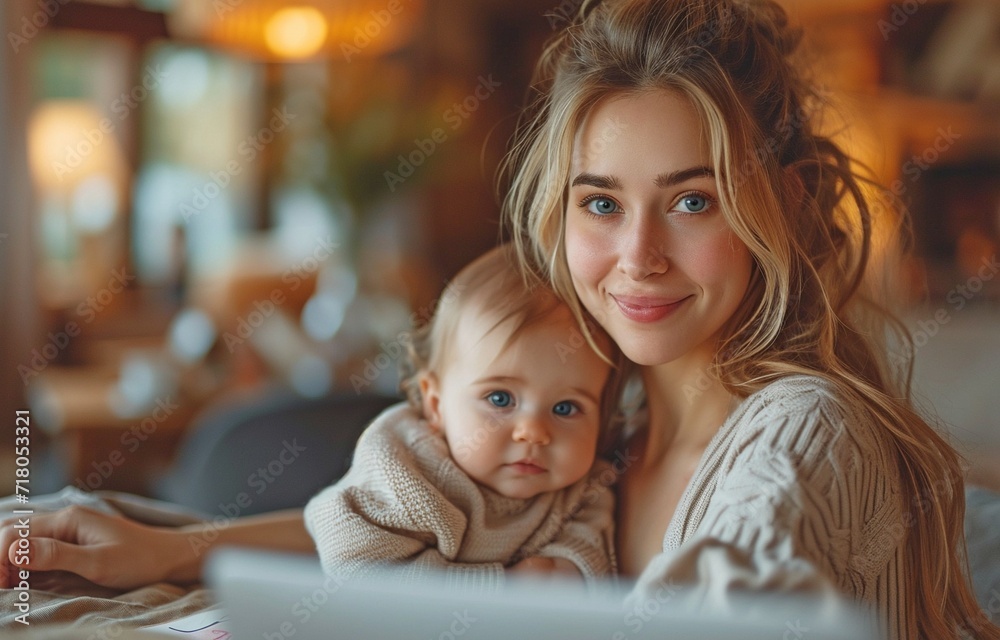 a mother with her infant at home working, a mother with her infant at home working,