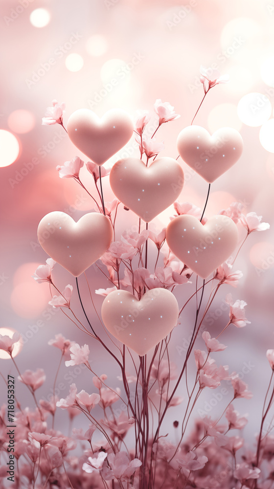 Delicate pink airy pastel background with twigs and hearts. Valentine's Day card