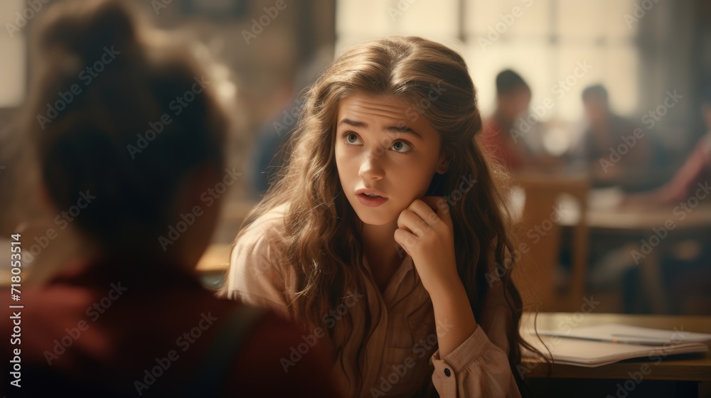 One girl tells gossip to another at her school desk. Blurred school class One girl tells gossip to another at her school desk. Blurred school class