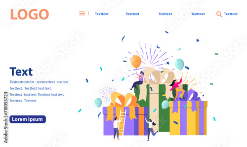 Group of happy people receive gift boxes. The concept of online rewards, can be used for referral programs, a template for the price side of a poster, banner, flyer, coupon. Vector flat design.