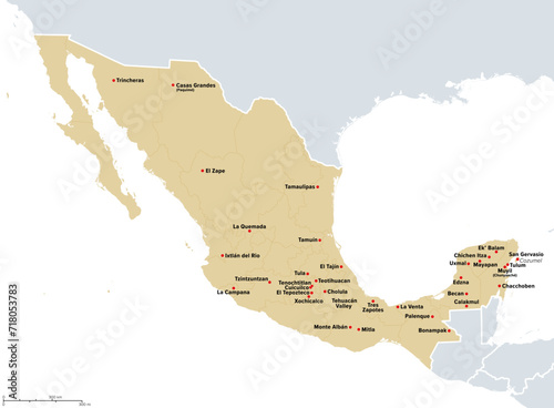 Mexico, most important archeological sites, political map. Map of Mexico with the borders of its current states, and the location of the most significant places of pre-Columbian, pre-hispanic Mexico.