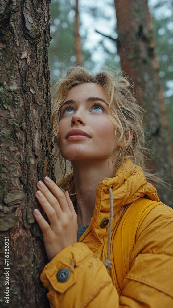 Hugging a tree in the forest and gazing up at the top of the tree is a young, blonde woman wearing a yellow coat. Hugging a tree in the forest and gazing up at the top of the tree is a young, blonde woman wearing a yellow coat.