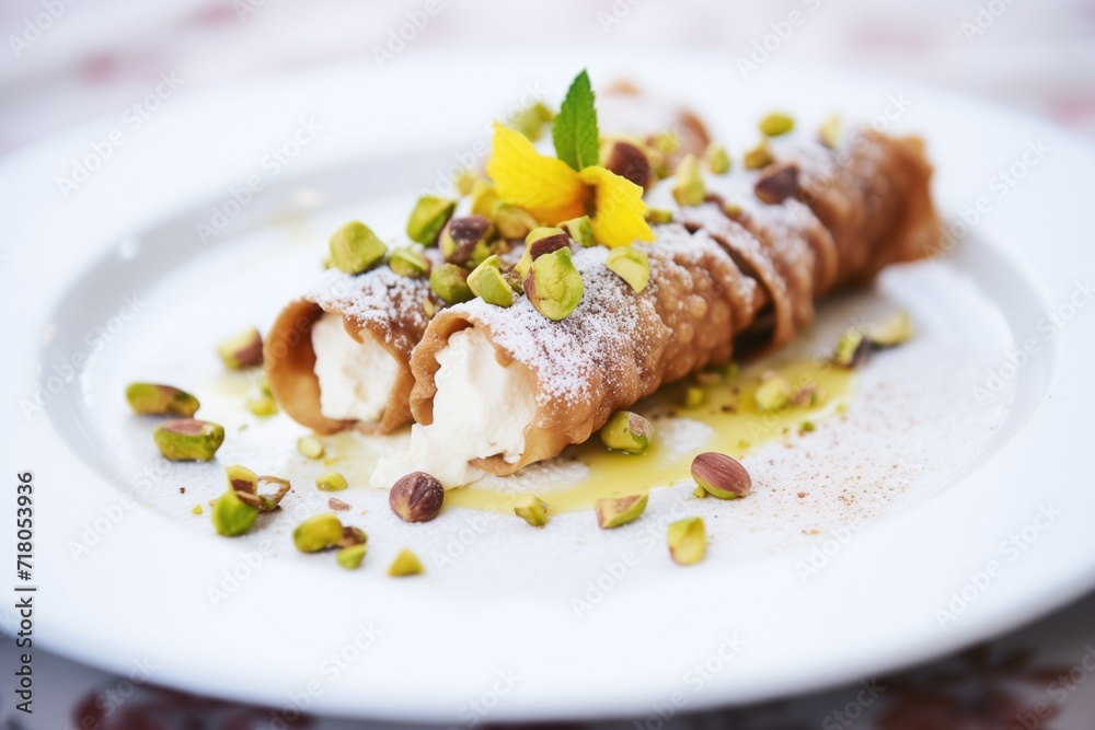 cannoli filled with ricotta, pistachios, and powdered sugar