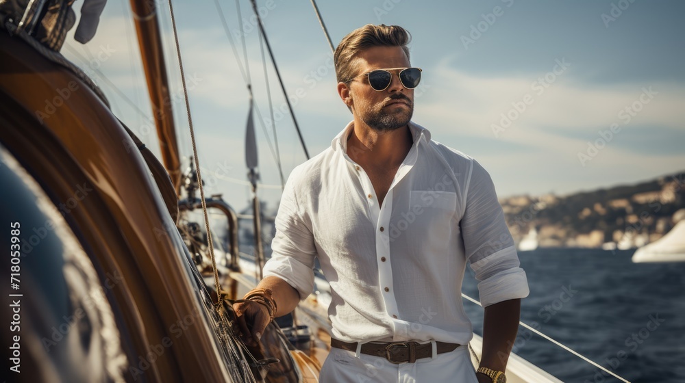 Yacht skipper on sunny day, portrait on blurred background Yacht skipper on sunny day, portrait on blurred background