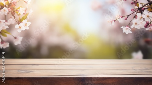 Wooden board empty table background. Abstract blurred spring nature background © brillianata