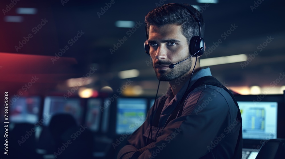 Fototapeta premium Air traffic controller with headset talk on a call in airport tower portrait