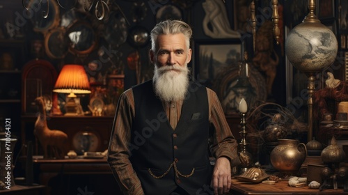 Male salesman in an antique store. Portrait on a blurred background.