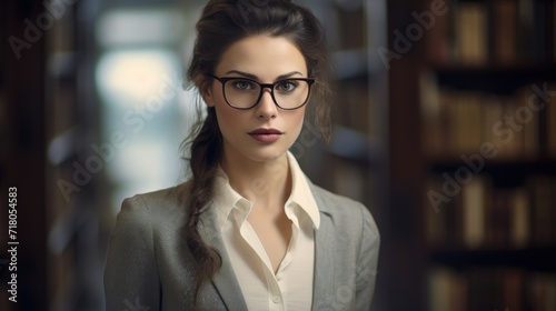 Beautiful woman against the background of bookshelves. Lecturer, librarian.