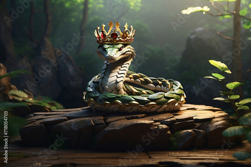Illustration of a green snake wearing a crown in the forest