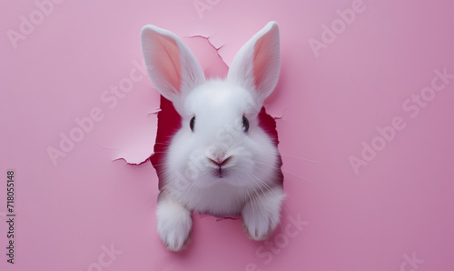 A white rabbit pokes its head out of a hole in pink paper, background, panorama with space for your text