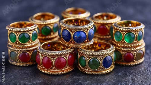 Exquisite close up of intricate jewelry and vibrant gemstones with bright lighting