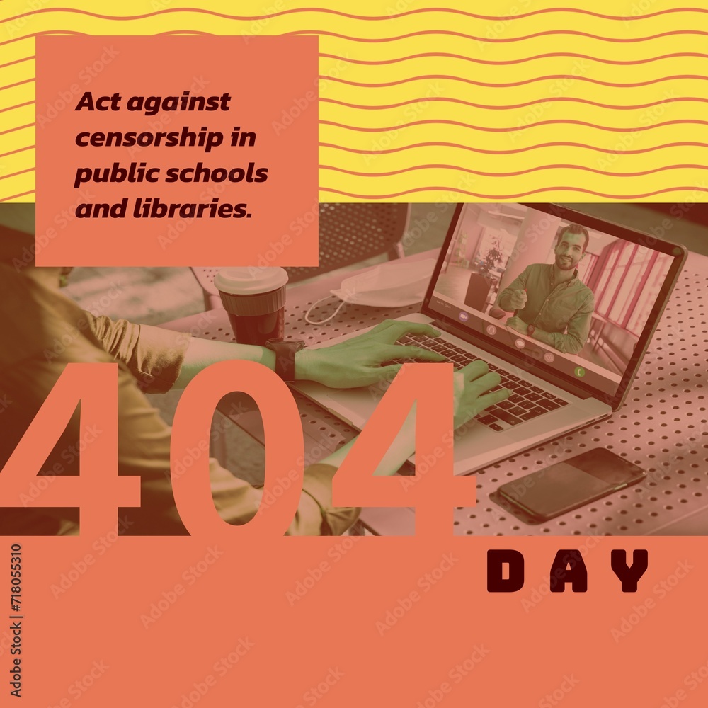 Composition of 404 day text over caucasian man using laptop on yellow and orange background