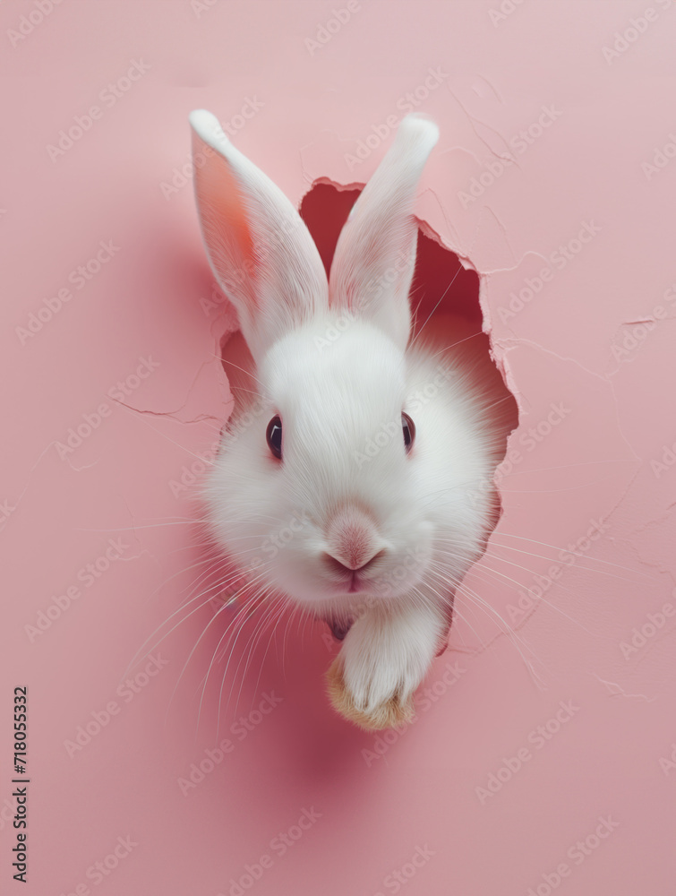 A white rabbit pokes its head out of a hole in pink paper, background, panorama with space for your text A white rabbit pokes its head out of a hole in pink paper, background, panorama with space for your text
