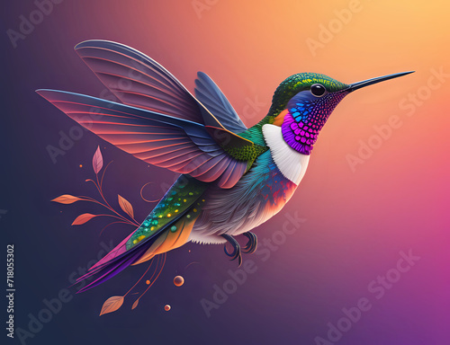 Fliegender Kolibri mit lila buntem Hals