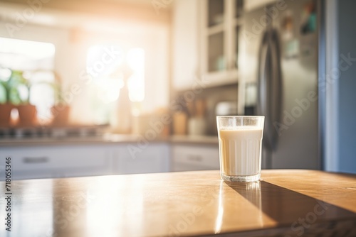 glass of milk on kitchen counter with morning light