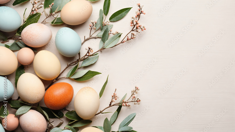Easter composition with eggs and flowers on light background, flat lay. Space for text. Generative AI