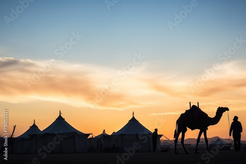 silhouette of camels near tents at desert sunset