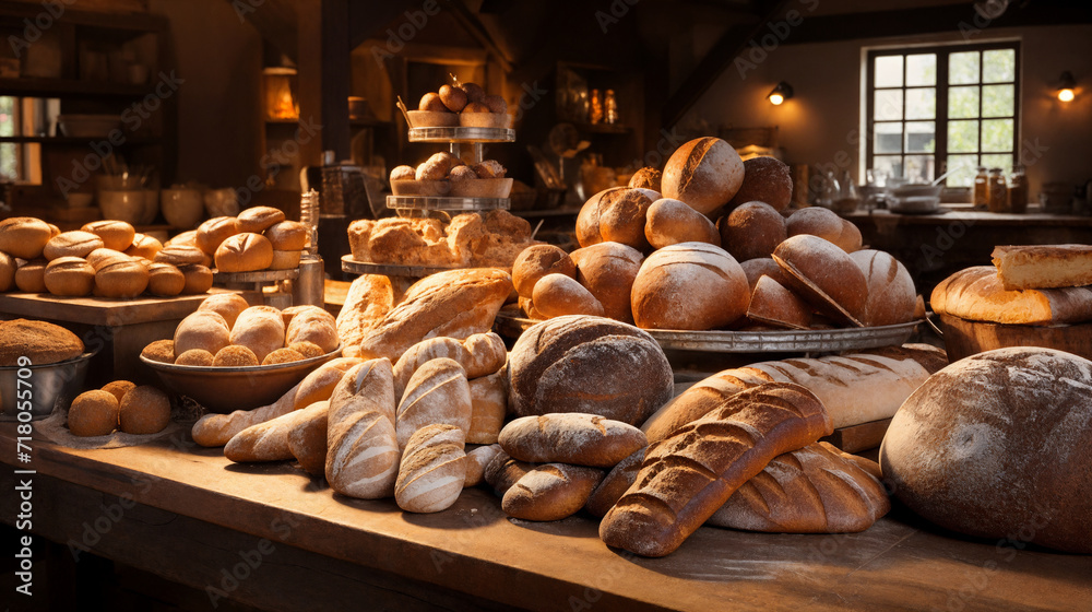 Variety of bread on display at a bakery shop.  AI generative