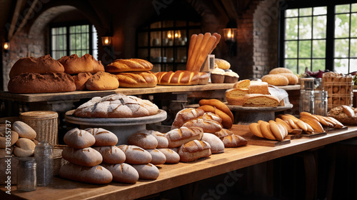 Variety of bread on display at a bakery shop. AI generative