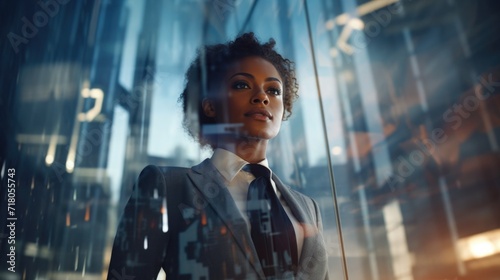 confident young woman in a black business suit on the background of office buildings. African American businesswoman