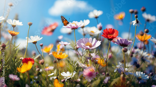 Beautiful meadow with colorful flowers and butterfly on sky background. Generative AI