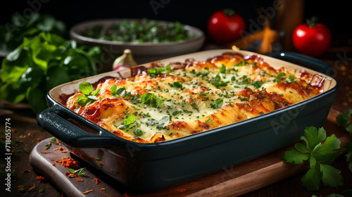 Baked cannelloni with cheese sauce and herbs in baking dish.  AI Generative