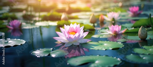 The lotus flower gracefully floats in the serene lotus pond, its vibrant petals glistening in the sun, a beautiful sight to behold.