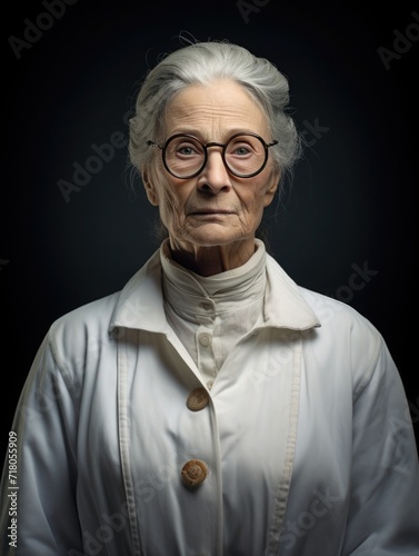 adult gray-haired woman scientist or doctor, wearing a white gown, standing. science and study. portrait one person © Svetlana