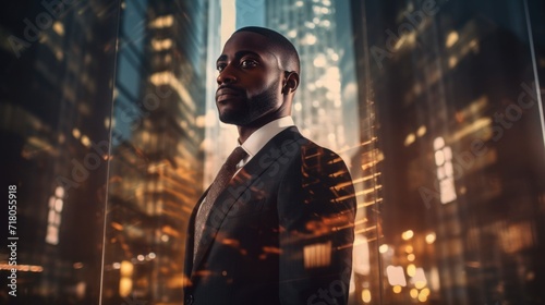 confident man  in a black business suit on the background of office buildings. African American businessman