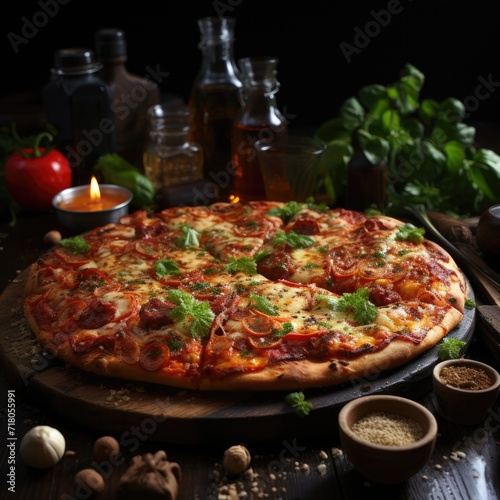 Realistic night view image of a large pizza on a wooden table generative AI