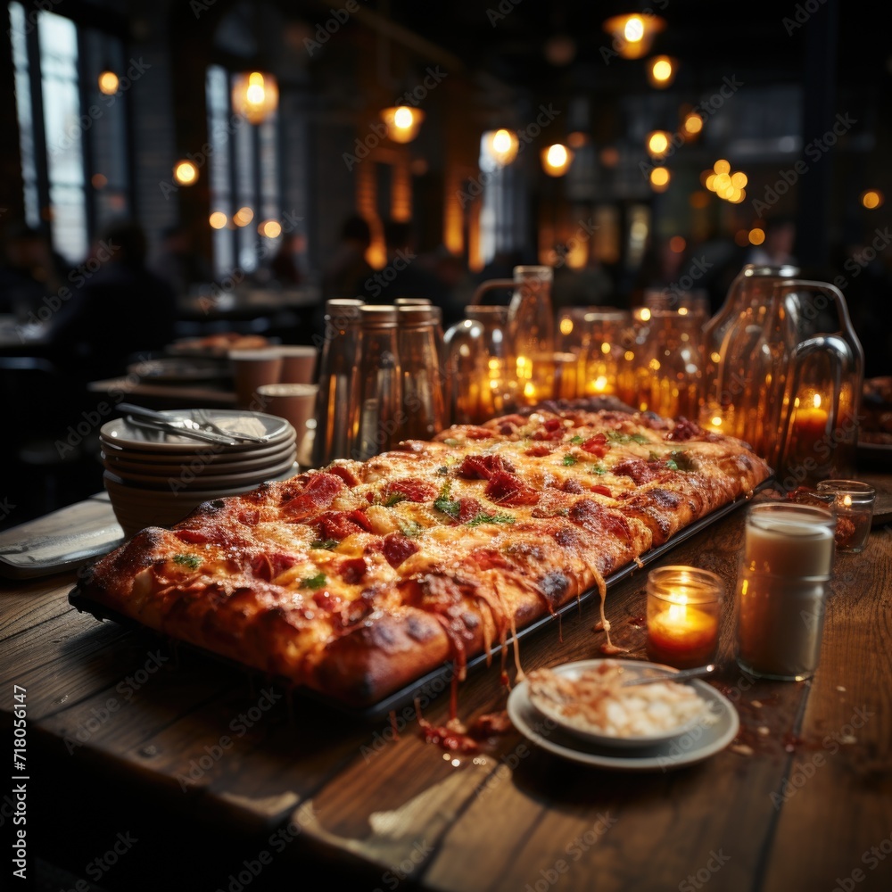 Realistic photo of large pizza on a wooden table generative AI