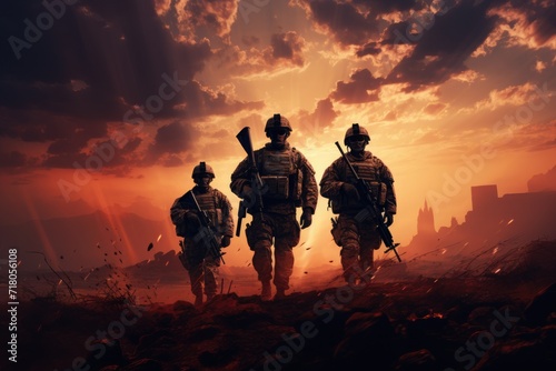 American soldiers against the backdrop of sunset and the usa flag. war and independence day. victory and patriotism