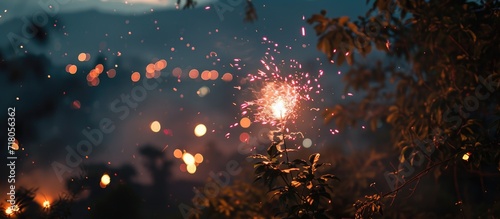 During Diwali, the night sky transformed into a mesmerizing tapestry of colors and light as a firework exploded, illuminating the festive atmosphere.