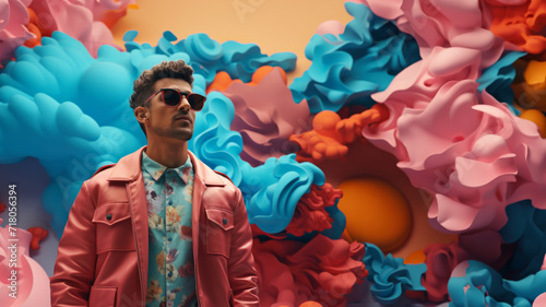 Man, sunglasses and vibrant clouds backdrop. Cool, stylish and confident individual sporting shades, with a colorful cloud-filled background evoking a sense of relaxation, trendiness and carefree vib
