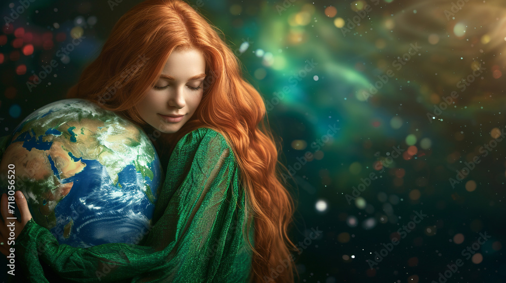 Naklejka premium Beautiful woman holding planet Earth. 