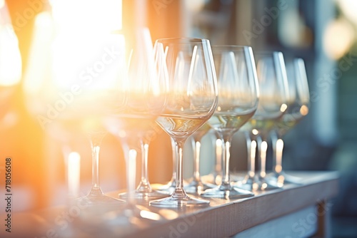 sunlight catching the hue of a full row of wine glasses at golden hour