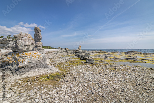 Rauks (Sea stacks) on the beach at Ljugarn, Gotland, Sweden photo