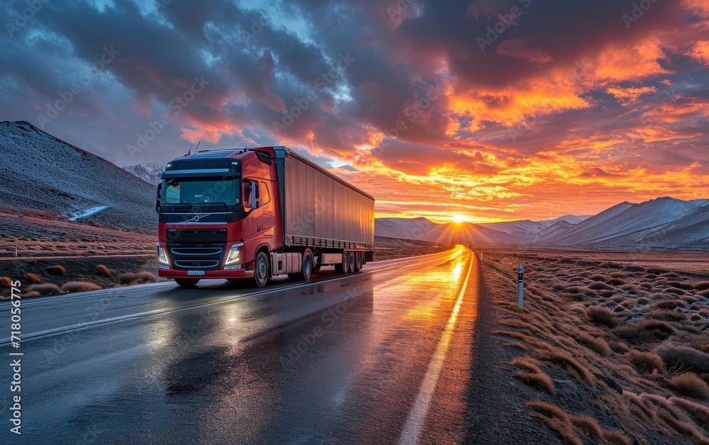 Big logistic truck driving on the highway through countryside landscape at sunset.
