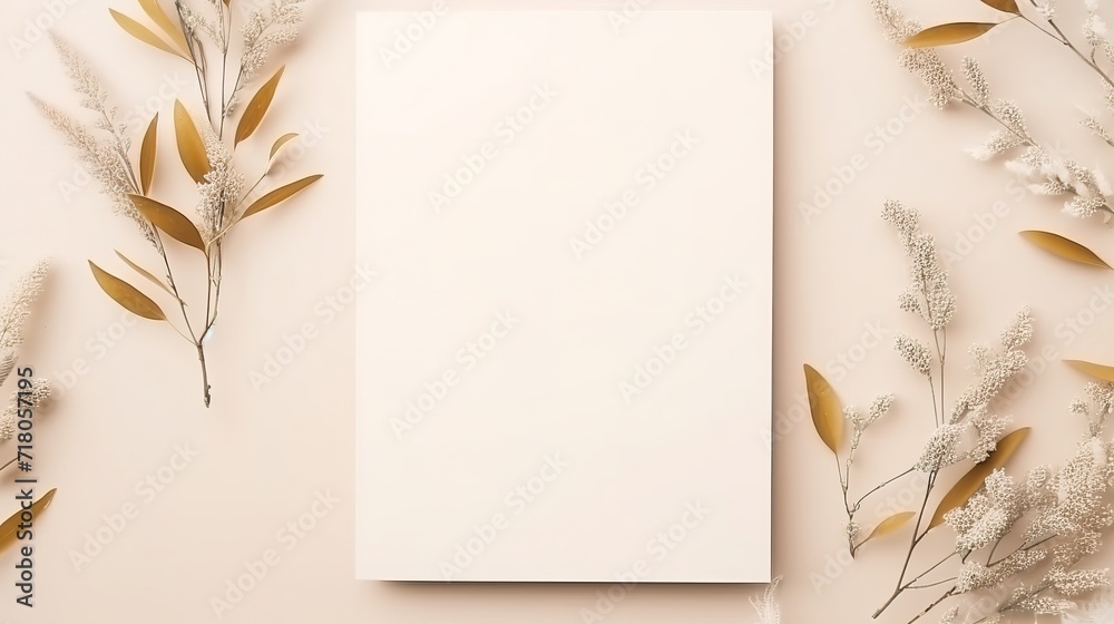 Blank greeting or invitation card mockup with botanical decor on beige background . Generative Ai - obrazy, fototapety, plakaty 