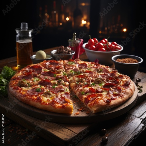 Wooden table feast with more food items and a realistic large pizza image generative AI