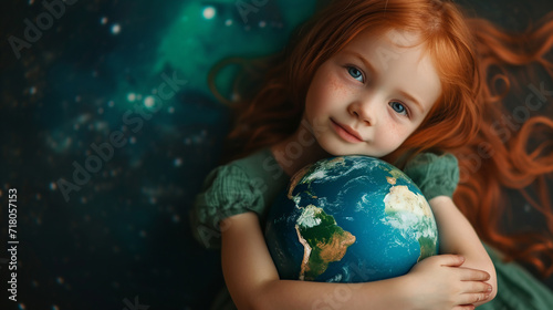 Little girl holding planet Earth. 