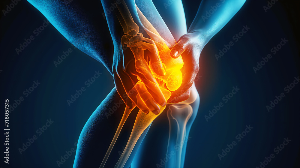 Blue-tinted 3D X-ray image showcasing the anatomy of a human knee joint ...