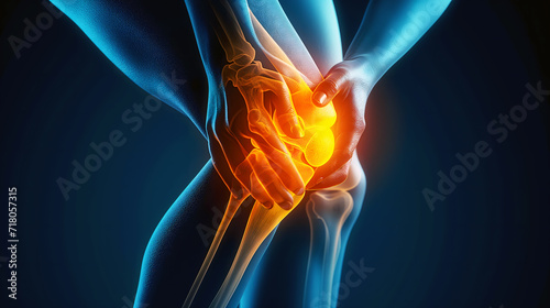 Blue-tinted 3D X-ray image showcasing the anatomy of a human knee joint, revealing medical details related to pain, injury, arthritis, and overall bone health photo